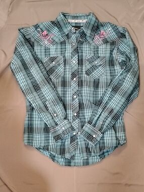 Girls' Aqua Plaid Western Button-Down Shirt with Pink Embroidery